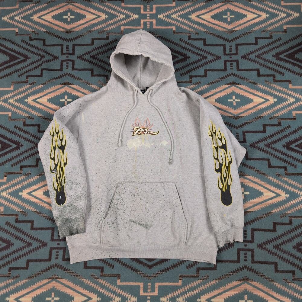 Y2K No Fear Dragon Flames Gray Hoodie Pullover Sweater Men’s Large Distressed